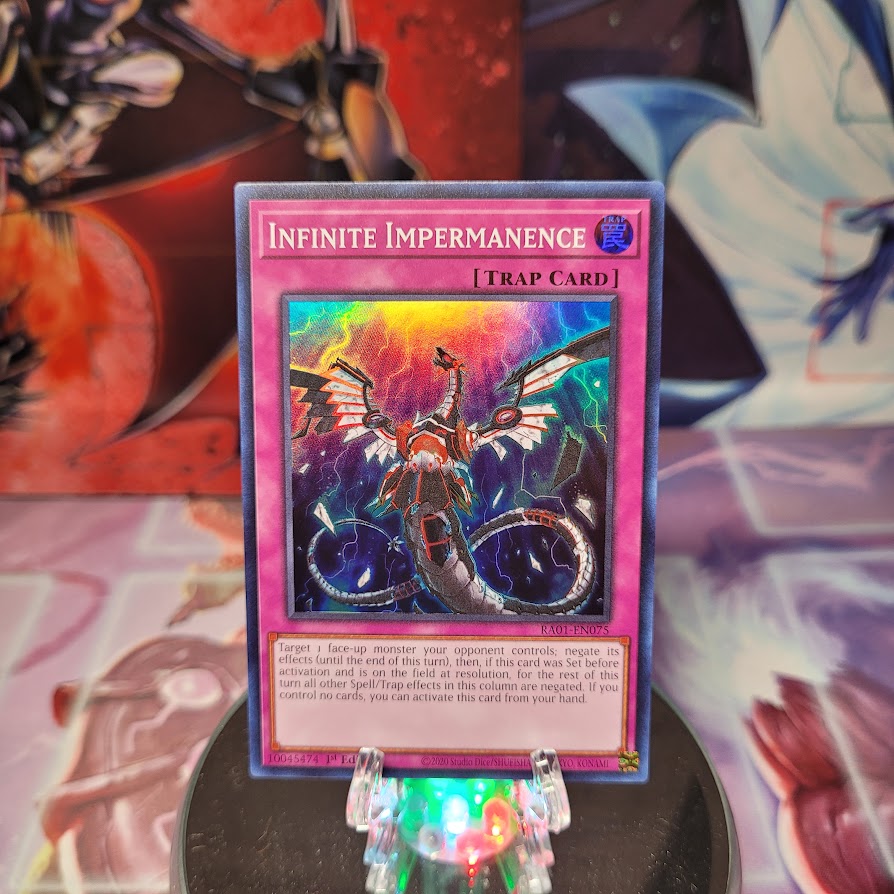 A Super Rare "Infinite Impermanence" card from the Yugioh Set: Rarity Collection 1 (RA01).