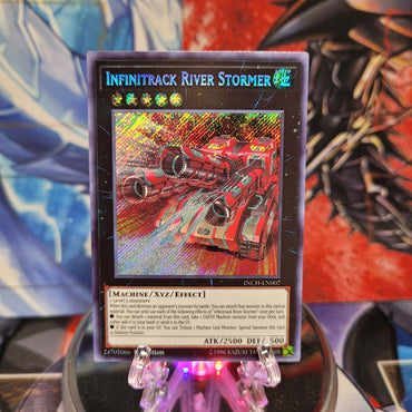  A Secret Rare "Infinitrack River Stormer" card from the Yugioh Set: The Infinity Chasers.