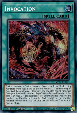 A Prismatic Secret Rare "Invocation" card from the Yugioh 25th Anniversary Tin: Dueling Mirrors (MP24).