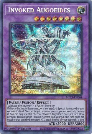 A Prismatic Secret Rare "Invoked Augoeides" card from the Yugioh 2021 Tin of Ancient Battles (MP21).