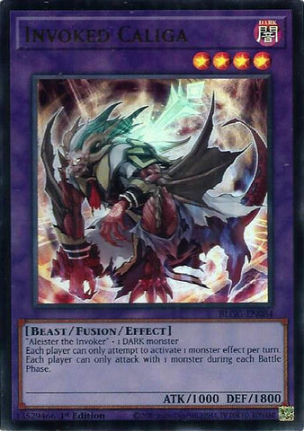 An Ultra Rare "Invoked Caliga" card from the Yugioh Set: Battles of Legend: Glorious Gallery (BLGG).
