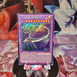 A Secret Rare "Invoked Elysium" card from the Yugioh Set: Fusion Enforcers (FUEN).
