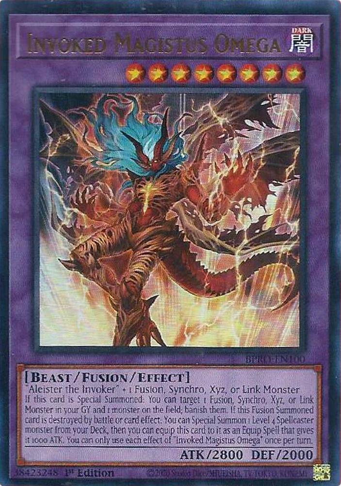 An Ultra Rare "Invoked Magistus Omega" card from the Yugioh Set: Burst Protocol (BPRO).