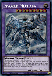 A Prismatic Secret Rare Alternate Art "Invoked Mechaba" card from the Yugioh 25th Anniversary Tin: Dueling Mirrors (MP24).