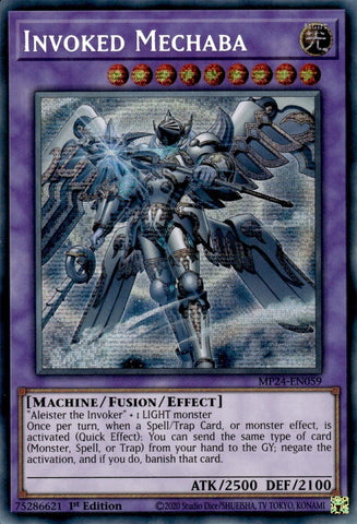 A Prismatic Secret Rare Alternate Art "Invoked Mechaba" card from the Yugioh 25th Anniversary Tin: Dueling Mirrors (MP24).