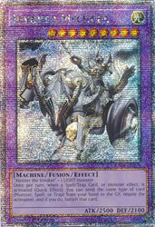 A Quarter Century Secret Rare "Invoked Mechaba" card from the Yugioh Set: Quarter Century Stampede (RA04).