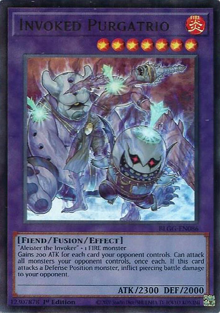 An Ultra Rare "Invoked Purgatrio" card from the Yugioh Set: Battles of Legend: Glorious Gallery (BLGG).