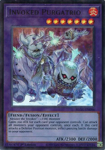 An Ultra Rare "Invoked Purgatrio" card from the Yugioh Set: Battles of Legend: Glorious Gallery (BLGG).