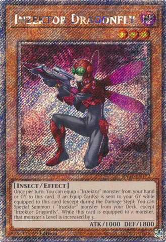 A Platinum Secret Rare "Inzektor Dragonfly" card from the Yugioh Set: Quarter Century Stampede (RA04).