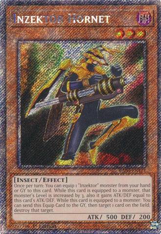 A Platinum Secret Rare "Inzektor Hornet" card from the Yugioh Set: Quarter Century Stampede (RA04).