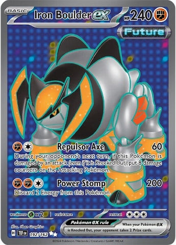 An Ultra Rare Full Art "Iron Boulder Ex" (192/162) card from the Pokemon Set: Temporal Forces.