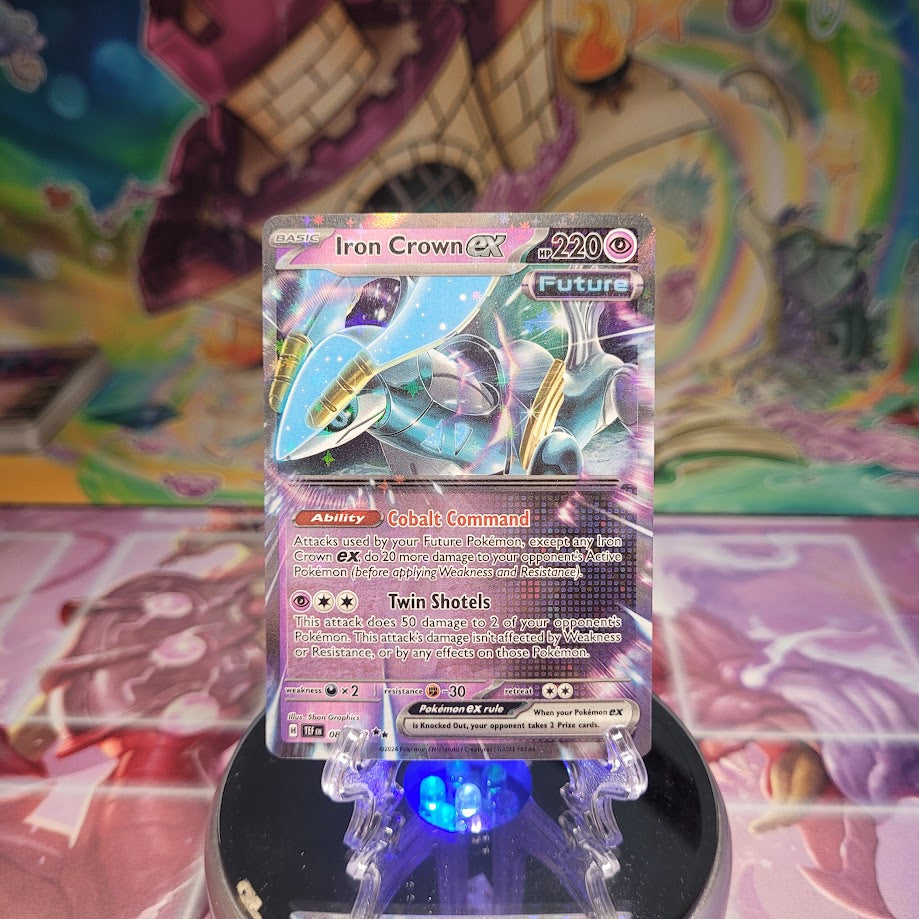 A Double Rare "Iron Crown Ex" (081/162) card from the Pokemon Set: Scarlet & Violet: Temporal Forces (TEF).