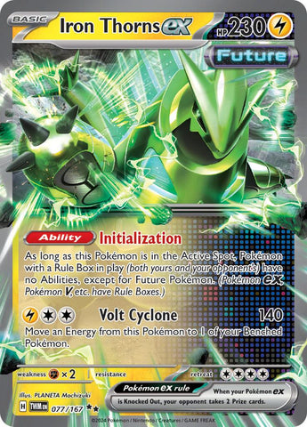 A Double Rare "Iron Thorns Ex" (077/167) From the Pokemon Set: Twilight Masquerade.