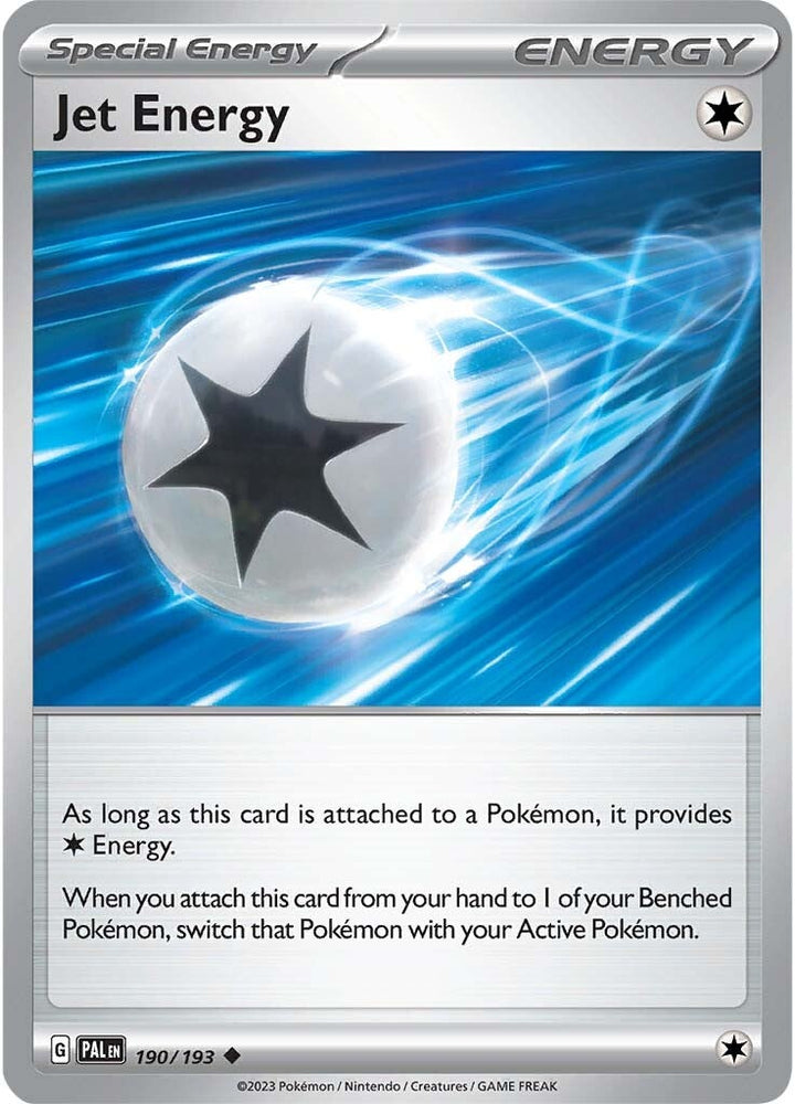 An Uncommon "Jet Energy" (190/193) card from the Pokemon Set: Paldea Evolved.