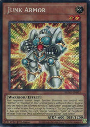 A Secret Rare "Junk Armor" card from the Yugioh Set: Battles of Legend: Glorious Gallery (BLGG).