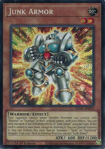 A Secret Rare "Junk Armor" card from the Yugioh Set: Battles of Legend: Glorious Gallery (BLGG).