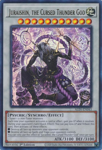 An Ultra Rare "Juraishin, the Cursed Thunder God" card from the Yugioh Set: Alliance Insight (ALIN).