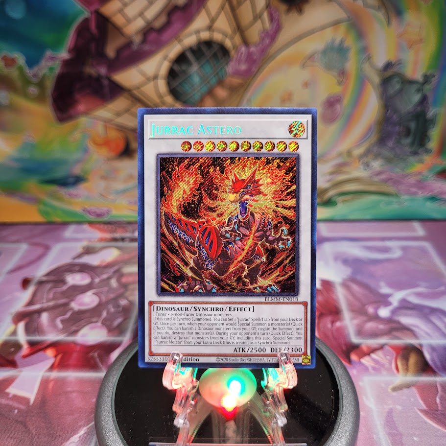A Secret Rare "Jurrac Astero" card from the Yugioh Set: Battles of Legend: Monster Mayhem (BLMM).