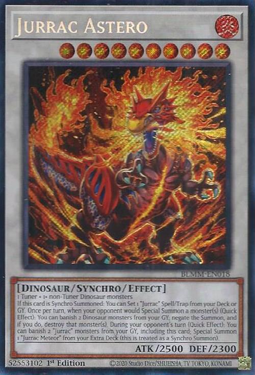A Secret Rare "Jurrac Astero" card from the Yugioh Set: Battles of Legend: Monster Mayhem (BLMM).