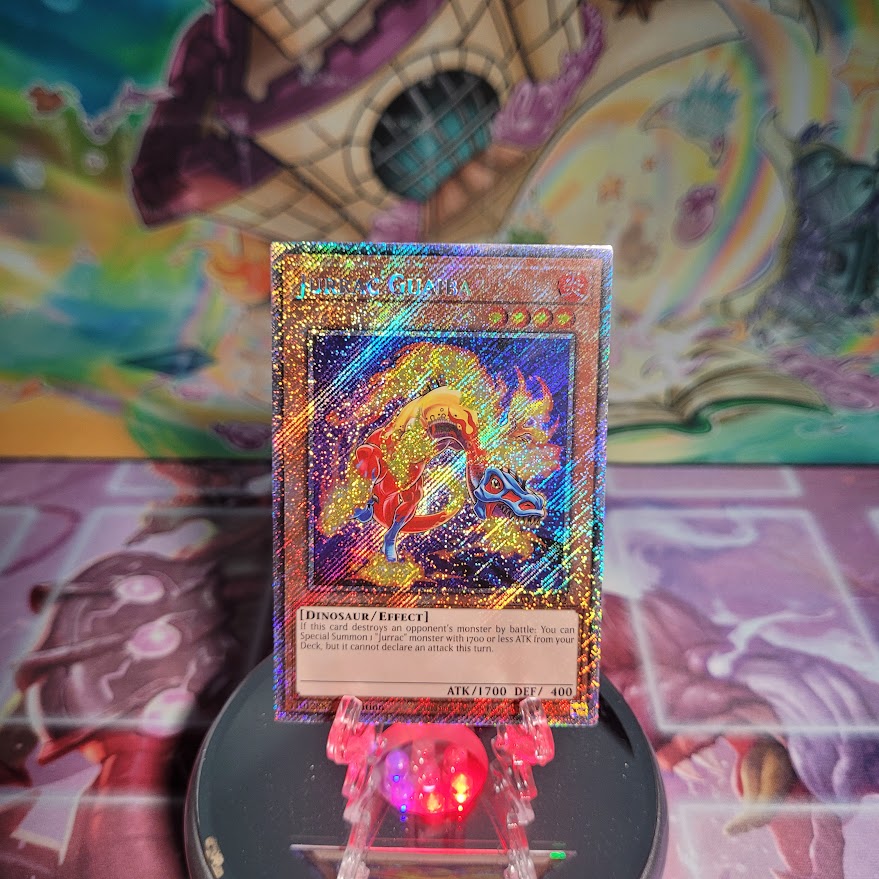 A Platinum Secret Rare "Jurrac Guaiba" card from the Yugioh Set: Quarter Century Bonanza (RA03).