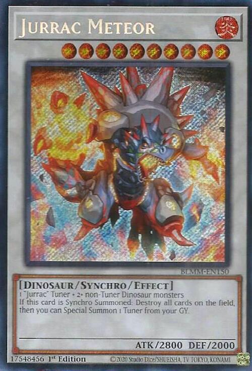 A Secret Rare "Jurrac Meteor" card from the Yugioh Set: Battles of Legend: Monster Mayhem (BLMM).