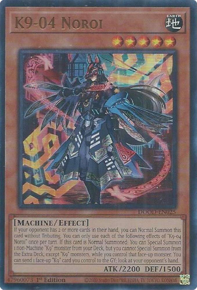 An Ultra Rare "K9-04 Noroi" card from the Yugioh Set: Doom of Dimensions (DOOD).