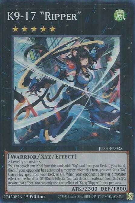 A Super Rare "K9-17 Ripper" card from the Yugioh Set: Justice Hunters (JUSH).
