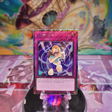 A Platinum Secret Rare "Karma Cut" card from the Yugioh Set: Quarter Century Stampede (RA04).