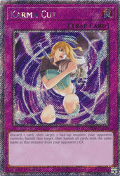 A Platinum Secret Rare "Karma Cut" card from the Yugioh Set: Quarter Century Stampede (RA04).