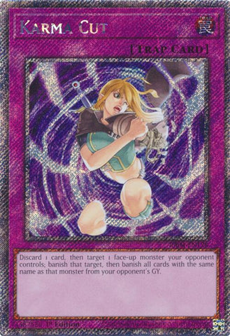 A Platinum Secret Rare "Karma Cut" card from the Yugioh Set: Quarter Century Stampede (RA04).