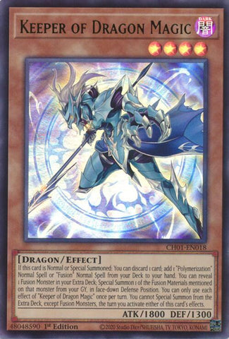 An Ultra Rare "Keeper of Dragon Magic" card from the Yugioh Structure Deck: The Fallen & The Virtuous (CH01).