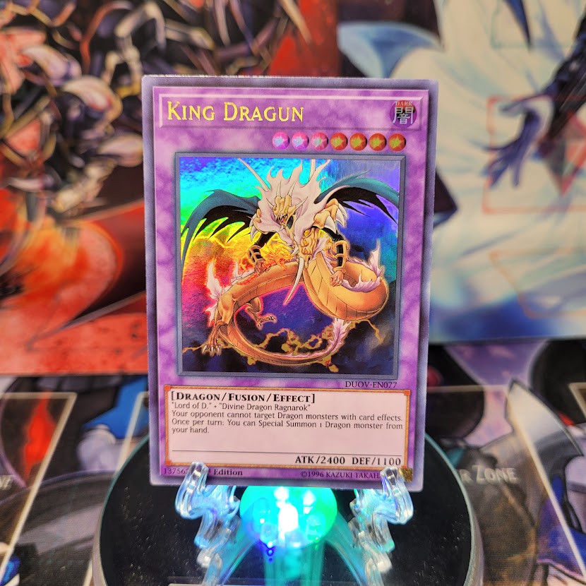 An Ultra Rare "King Dragun" card from the Yugioh Set: Duel Overload.