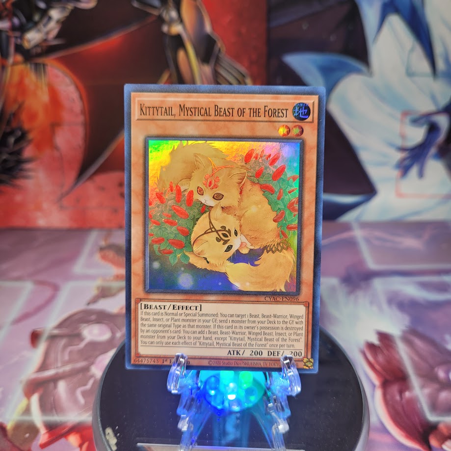 A Super Rare "Kittytail, Mystical Beast of the Forest" card from the Yugioh Set: Cyberstorm Access.