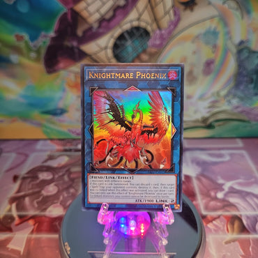 An Ultra Rare "Knightmare Phoenix" card from the Yugioh Set: Quarter Century Bonanza (RA03).