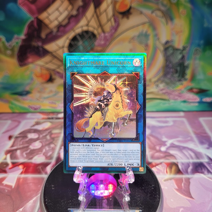  A Prismatic Ultimate Rare "Knightmare Unicorn" card from the Yugioh Set: Rarity Collection 1 (RA01).