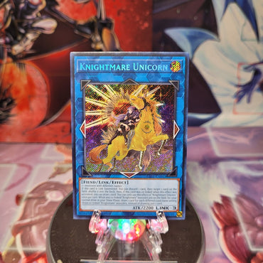A Secret Rare Alternate Art "Knightmare Unicorn" card from the Yugioh Set: Rarity Collection 1 (RA01).