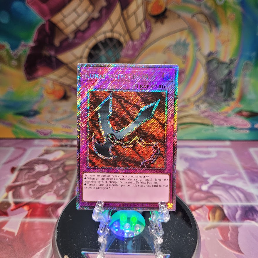 A Platinum Secret Rare "Kunai with Chain" card from the Yugioh Set: Quarter Century Bonanza (RA03)