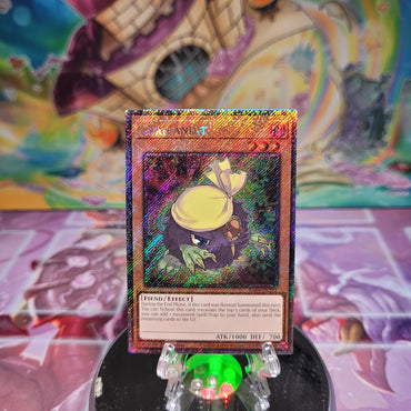 A Platinum Secret Rare "Kuribandit" card from the Yugioh Set: Quarter Century Stampede (RA04).