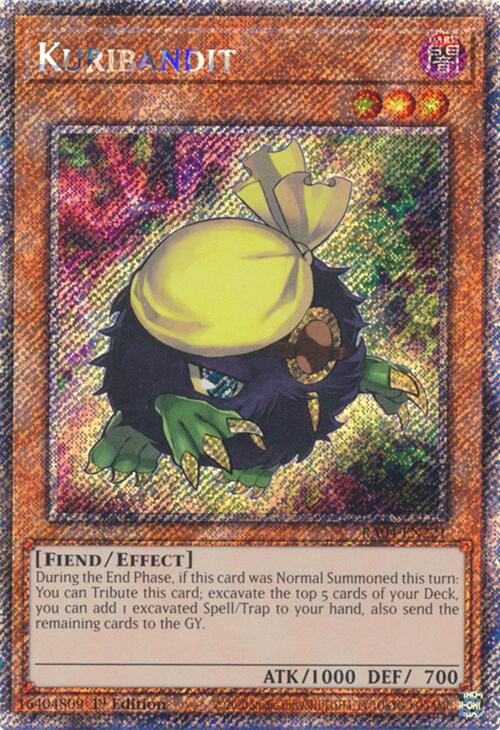 A Platinum Secret Rare "Kuribandit" card from the Yugioh Set: Quarter Century Stampede (RA04).