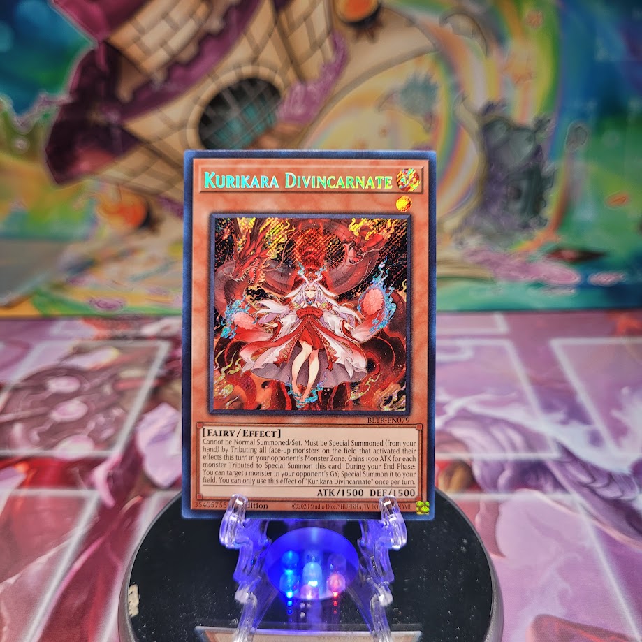 A Secret Rare "Kurikara Divincarnate" card from the Yugioh Set: Battles of Legend: Terminal Revenge (BLTR).