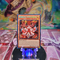 A Secret Rare "Kurikara Divincarnate" card from the Yugioh Set: Battles of Legend: Terminal Revenge (BLTR).