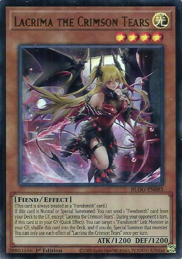 An Ultra Rare "Lacrima the Crimson Tears" card from the Yugioh Set: Battles of Legend: Glorious Gallery (BLGG).