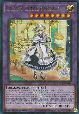 An Ultra Rare "Lady's Dragonmaid" card from the Yugioh Set: Battles of Legend: Monster Mayhem (BLMM).