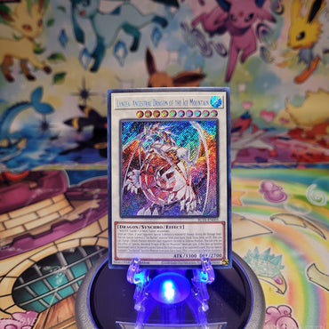 A Secret Rare "Lancea, Ancestral Dragon of the Ice Mountain" card from the Yugioh Set: Battles of Legend: Terminal Revenge (BLTR).