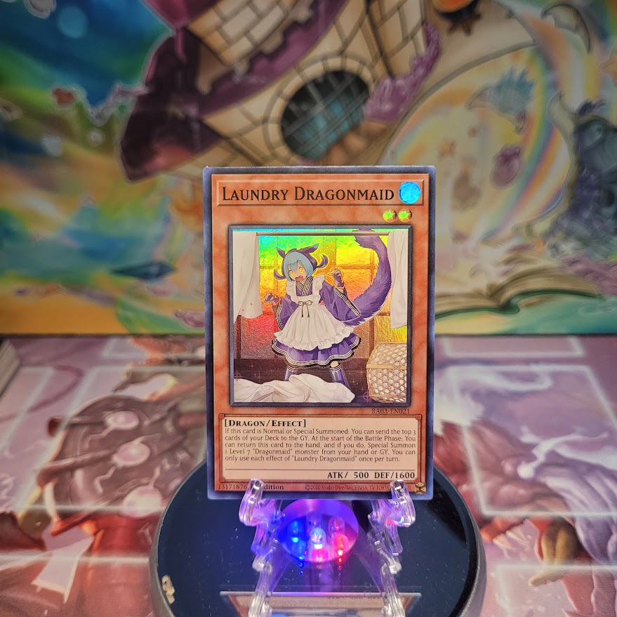 A Super Rare "Laundry Dragonmaid" card from the Yugioh Set: Quarter Century Bonanza (RA03).