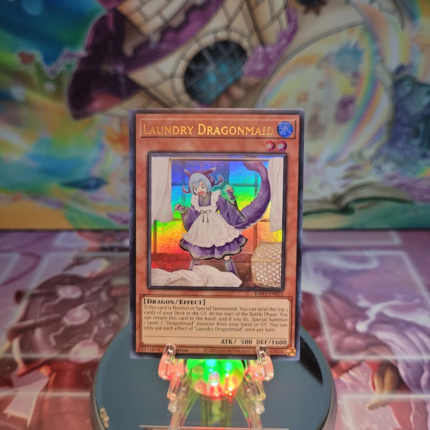 An Ultra Rare "Laundry Dragonmaid" card from the Yugioh Set: Quarter Century Bonanza (RA03).