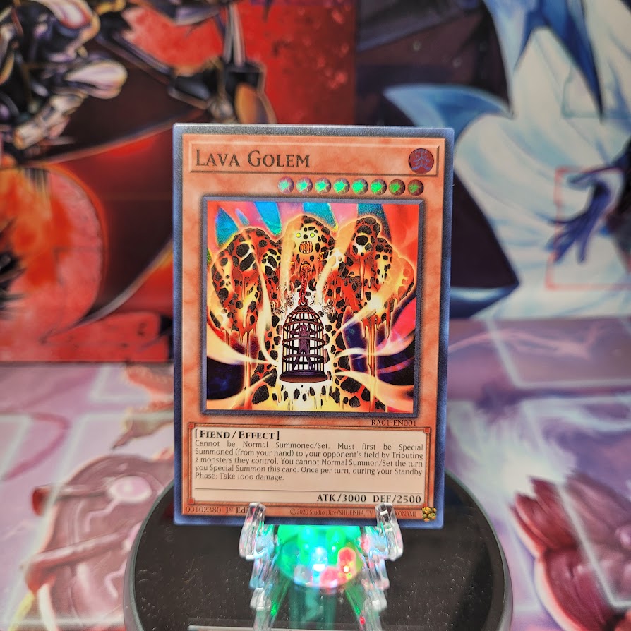 A Super Rare "Lava Golem" card from the Yugioh Set: Rarity Collection 1 (RA01).