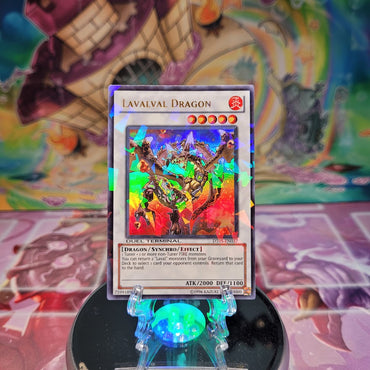 A Duel Terminal Ultra Rare "Lavalval Dragon" card from the Yugioh Set: Duel Terminal 5 (DT05).