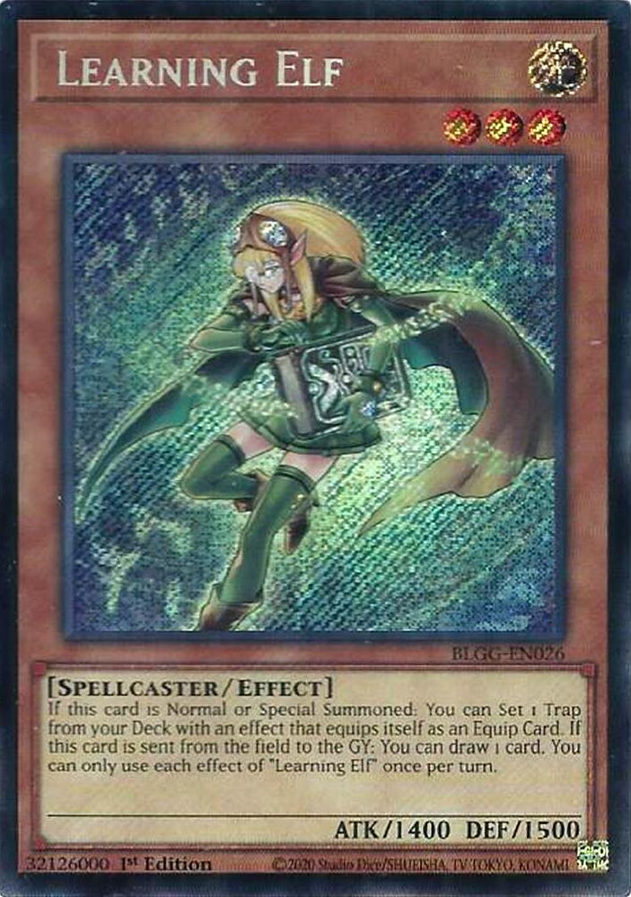A Secret Rare "Learning Elf" card from the Yugioh Set: Battles of Legend: Glorious Gallery (BLGG).