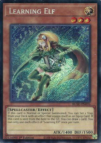 A Secret Rare "Learning Elf" card from the Yugioh Set: Battles of Legend: Glorious Gallery (BLGG).
